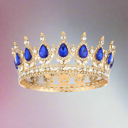 Diadème élégant doré en strass orné d'imitation de diamant et de pierres bleues pour mariage ou soirée – vue de face