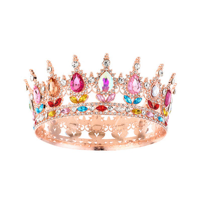 Diadème élégant doré en strass orné d'imitation de diamant et de pierres 
 multicouleur pour mariage ou soirée – vue de face