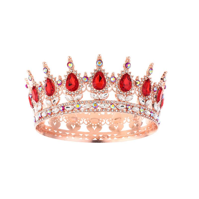 Diadème élégant en strass doré or rose orné d'imitation de diamant et de pierres rouges pour mariage ou soirée – vue de face