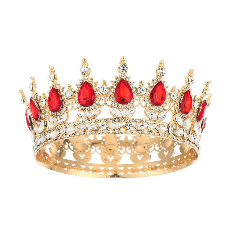 Diadème élégant doré en strass orné d'imitation de diamant et de pierres rouges pour mariage ou soirée – vue de face