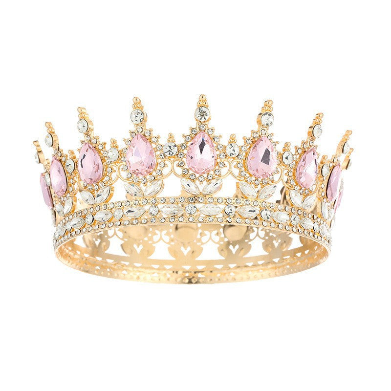 Diadème élégant en strass doré orné d'imitation de diamant et de pierres pierres roses pour mariage ou soirée – vue de face