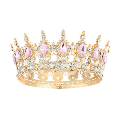 Diadème élégant en strass doré orné d'imitation de diamant et de pierres pierres roses pour mariage ou soirée – vue de face