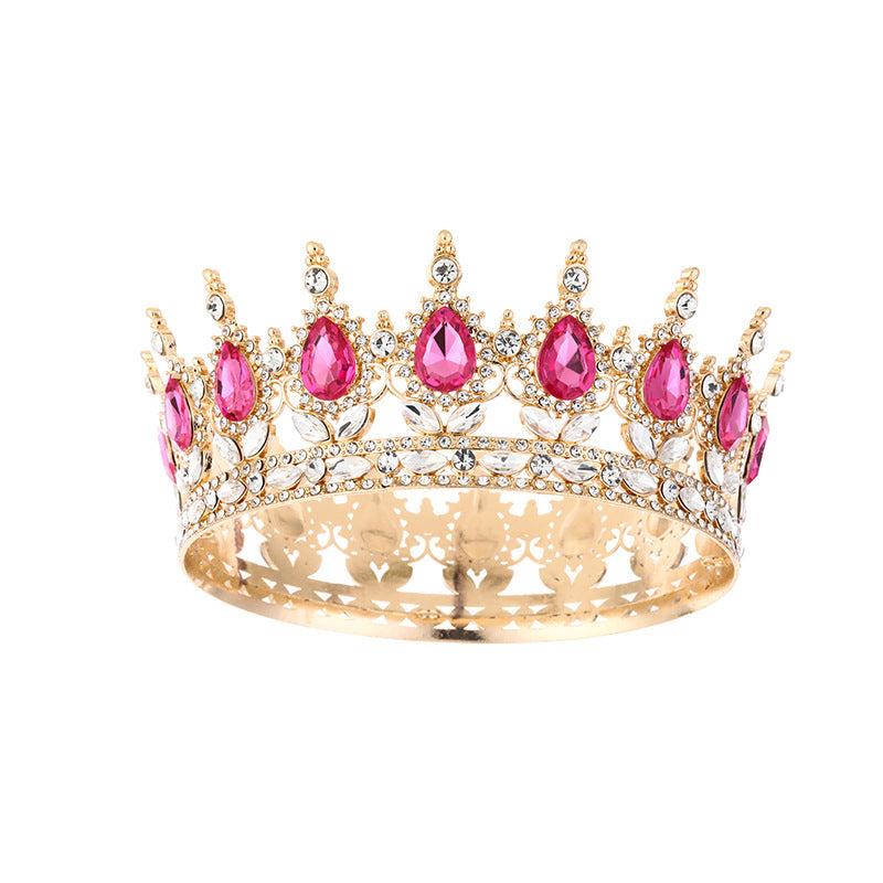 Diadème élégant en strass doré orné d'imitation de diamant et de pierres rose pour mariage ou soirée – vue de face