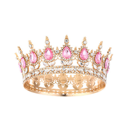 Diadème élégant en strass doré orné d'imitation de diamant et de pierres roses pour mariage ou soirée – vue de face-Accessoire