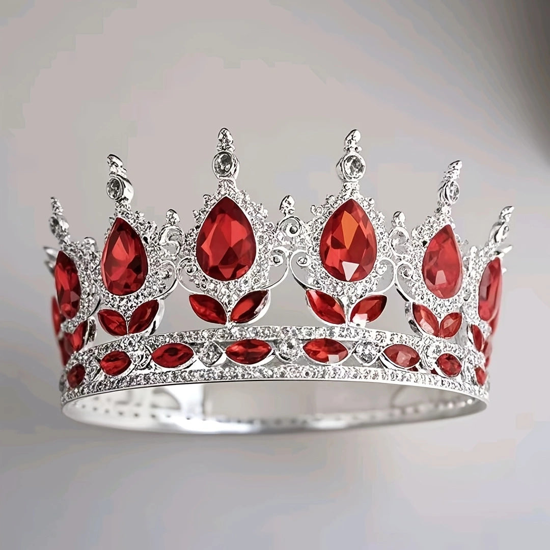Diadème élégant en strass argenté orné d'imitation de diamant et de pierres rouges pour mariage ou soirée – vue de face