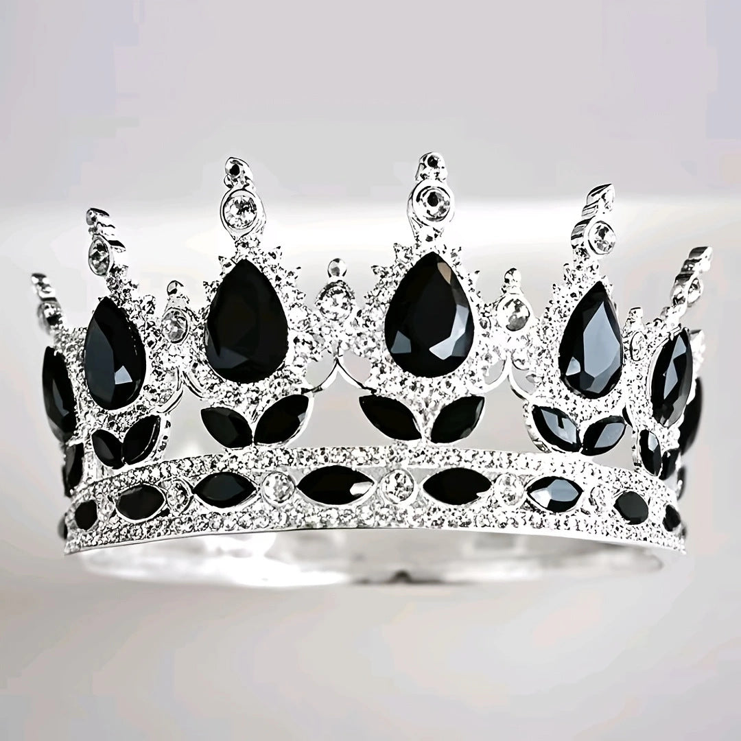 Diadème élégant en strass argenté orné d'imitation de diamant et de pierres noires pour mariage ou soirée – vue de face