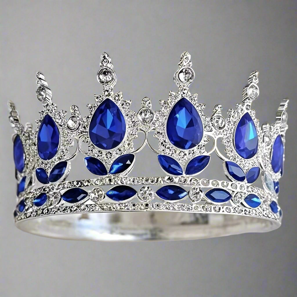 Diadème élégant en strass doré orné d'imitation de diamant et de pierres bleues pour mariage ou soirée – vue de face