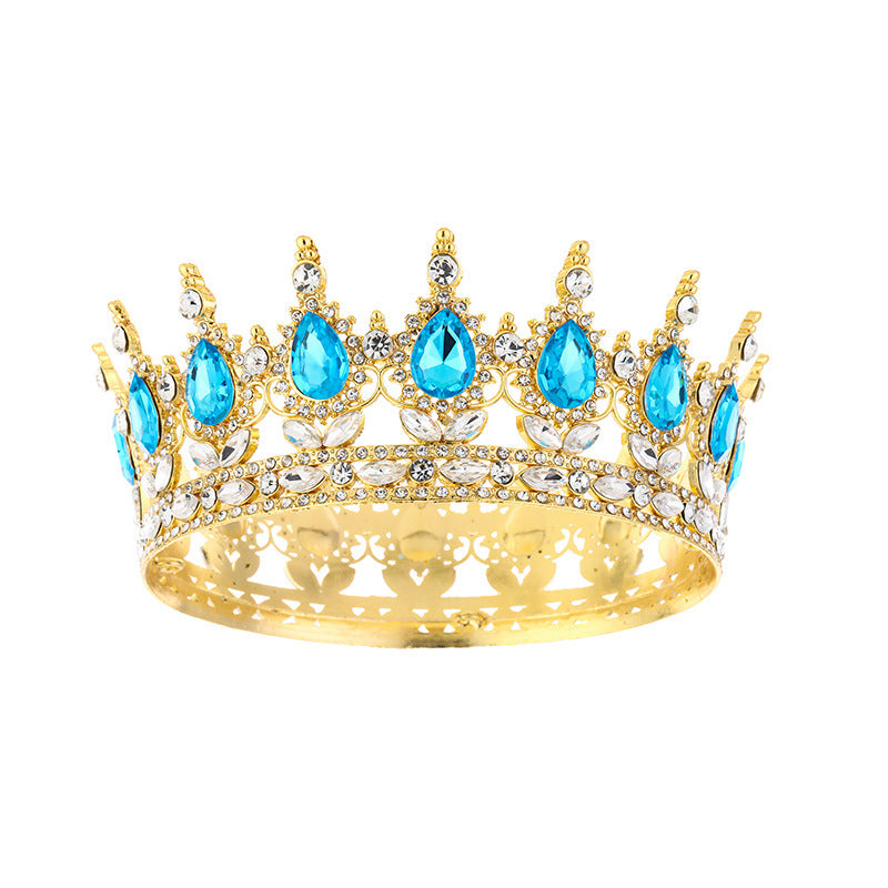 Diadème élégant en strass doré orné d'imitation de diamant et de pierres bleu clair pour mariage ou soirée – vue de face