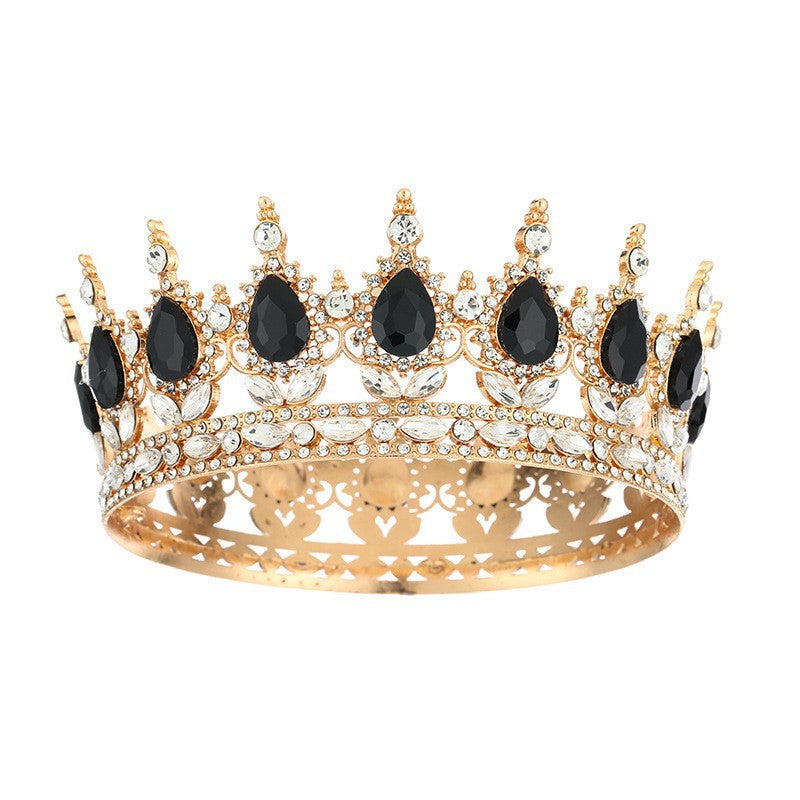 Diadème élégant en strass doré orné d'imitation de diamant et de pierres noires pour mariage ou soirée – vue de face-Accessoire cheveux