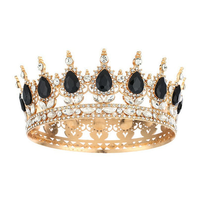 Diadème élégant en strass doré orné d'imitation de diamant et de pierres noires pour mariage ou soirée – vue de face-Accessoire cheveux