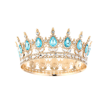 Diadème élégant doré en strass orné d'imitation de diamant et de pierres bleu clair pour mariage ou soirée – vue de face