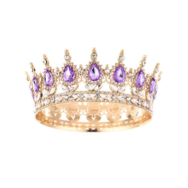 Diadème élégant en strass doré orné d'imitation de diamant et de pierres violettes pour mariage ou soirée – vue de face