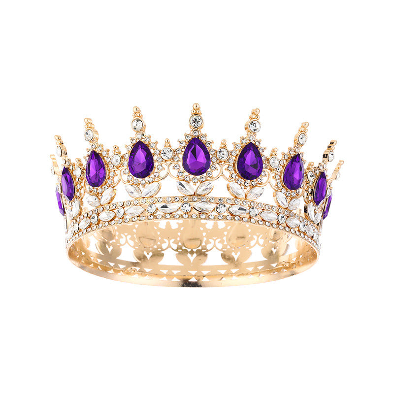 Diadème élégant en strass doré orné d'imitation de diamant et de pierres violettes pour mariage ou soirée – vue de face