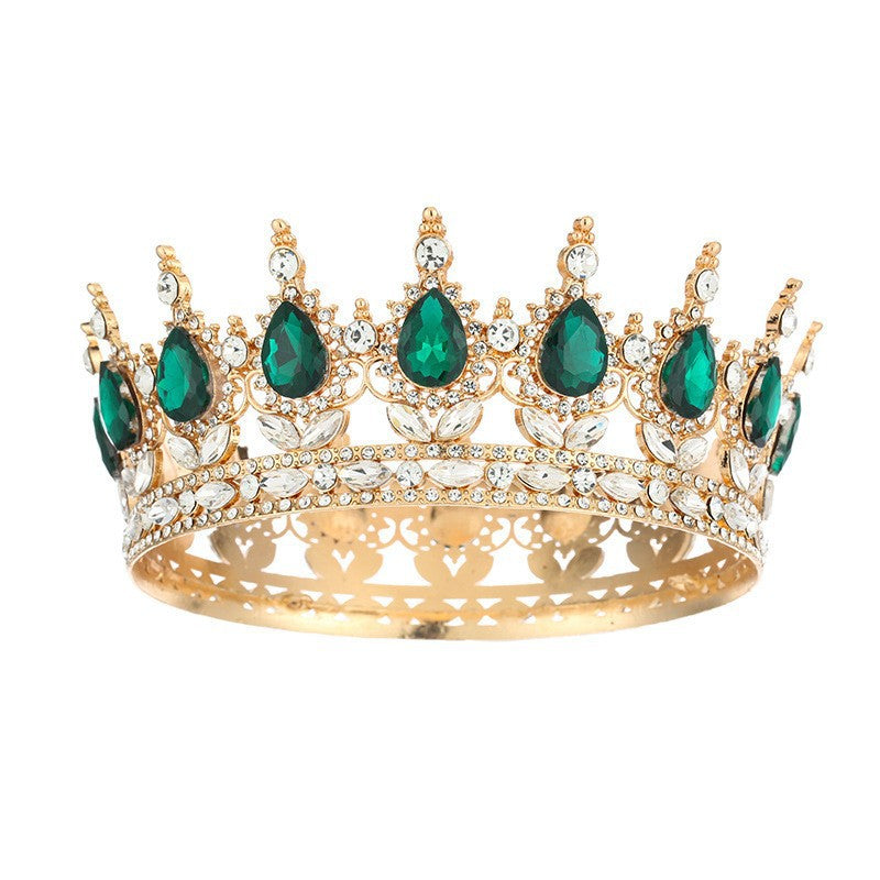 Diadème élégant en strass doré orné d'imitation de diamant et de pierres vertes pour mariage ou soirée – vue de face