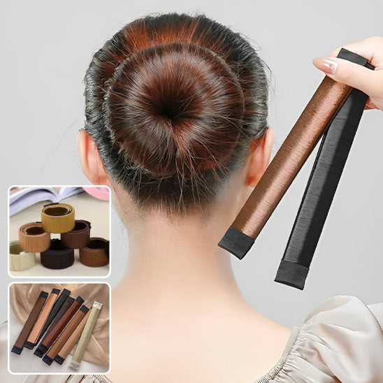 Femme avec chignon et toutes les couleurs d' accessoires à cheveux pour chignon, conçu pour un maintien ferme et une tenue longue durée.  Les couleurs s'adaptent au teint des cheveux 