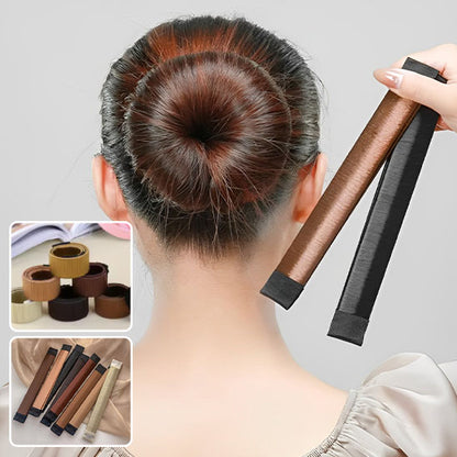 Femme avec chignon et toutes les couleurs d' accessoires à cheveux pour chignon, conçu pour un maintien ferme et une tenue longue durée.  Les couleurs s'adaptent au teint des cheveux 