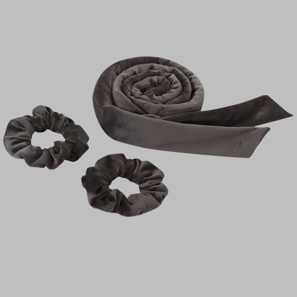 Bandeau pour boucles sans chaleur en velours marron avec deux chouchous– Outil de coiffure pour cheveux doux et boucles naturelles