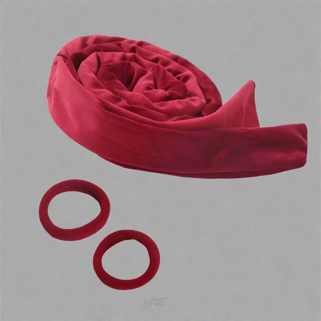 Bandeau pour boucles sans chaleur en velours rouge avec deux élastiques– Outil de coiffure pour cheveux doux et boucles naturelles