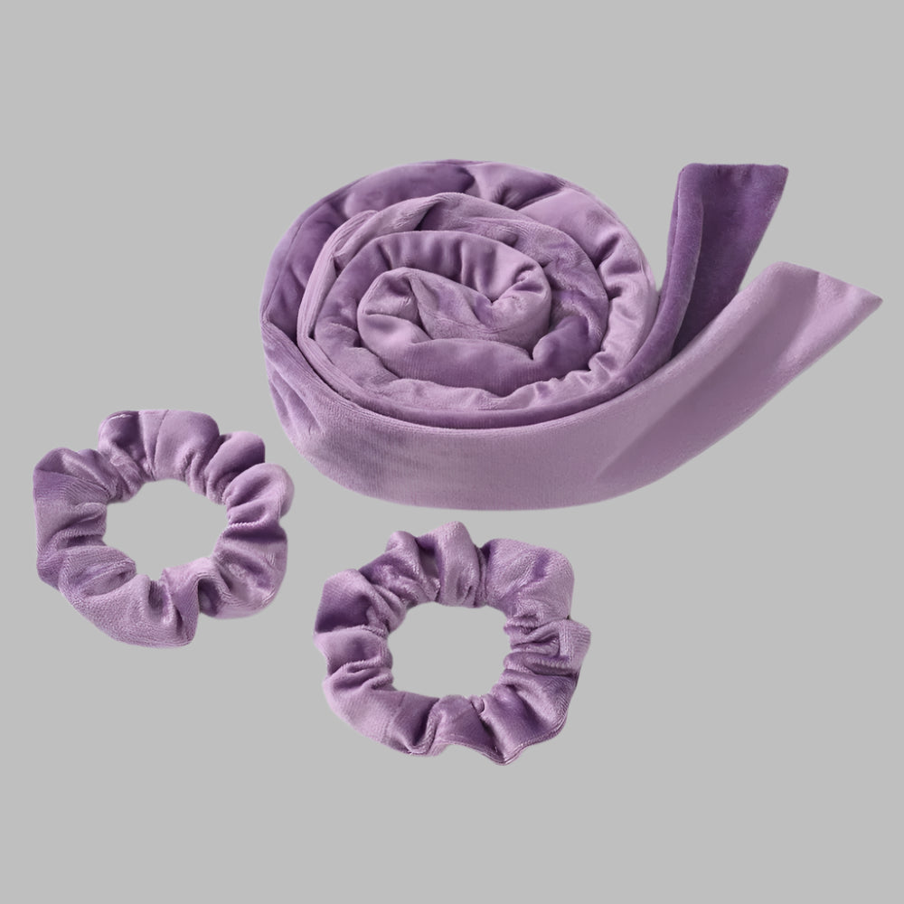 Bandeau pour boucles sans chaleur en velours violet avec deux chouchous– Outil de coiffure pour cheveux doux et boucles naturelles
