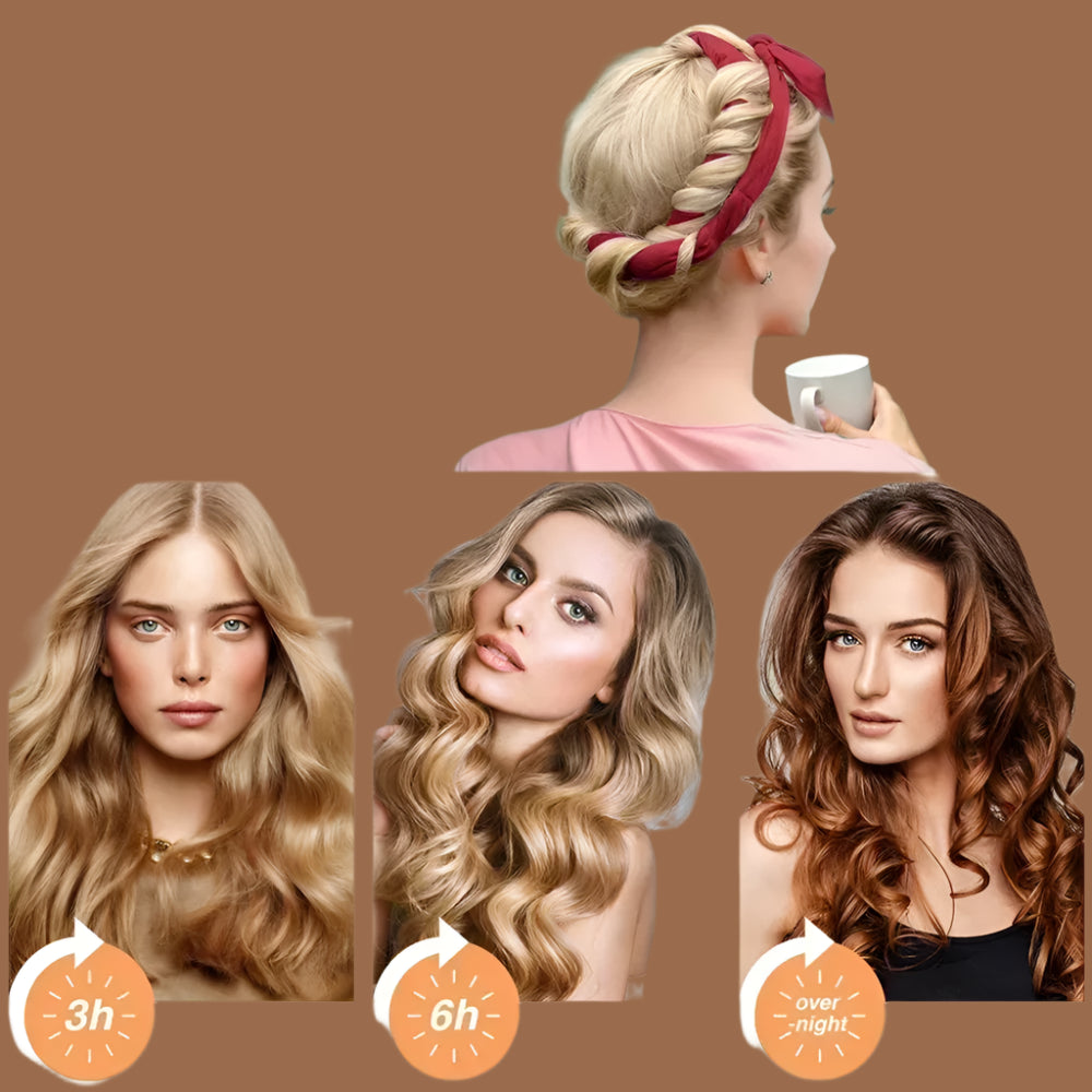 Femmes avec Bandeau pour boucles sans chaleur en velours rouge et ses effets au bout de 3,6,9 heures– Outil de coiffure pour cheveux doux et boucles naturelles