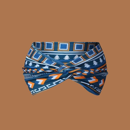 Bandeau cheveux pour femme en tissu wax africain – motif bleu geometrique