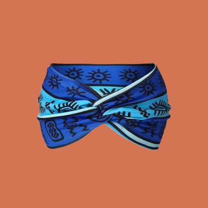 Bandeau cheveux pour femme en tissu wax africain – motif bleu soleil