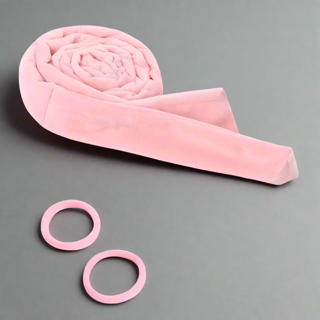 Bandeau pour boucles sans chaleur en velours rose avec deux elastiques– Outil de coiffure pour cheveux doux et boucles naturelles