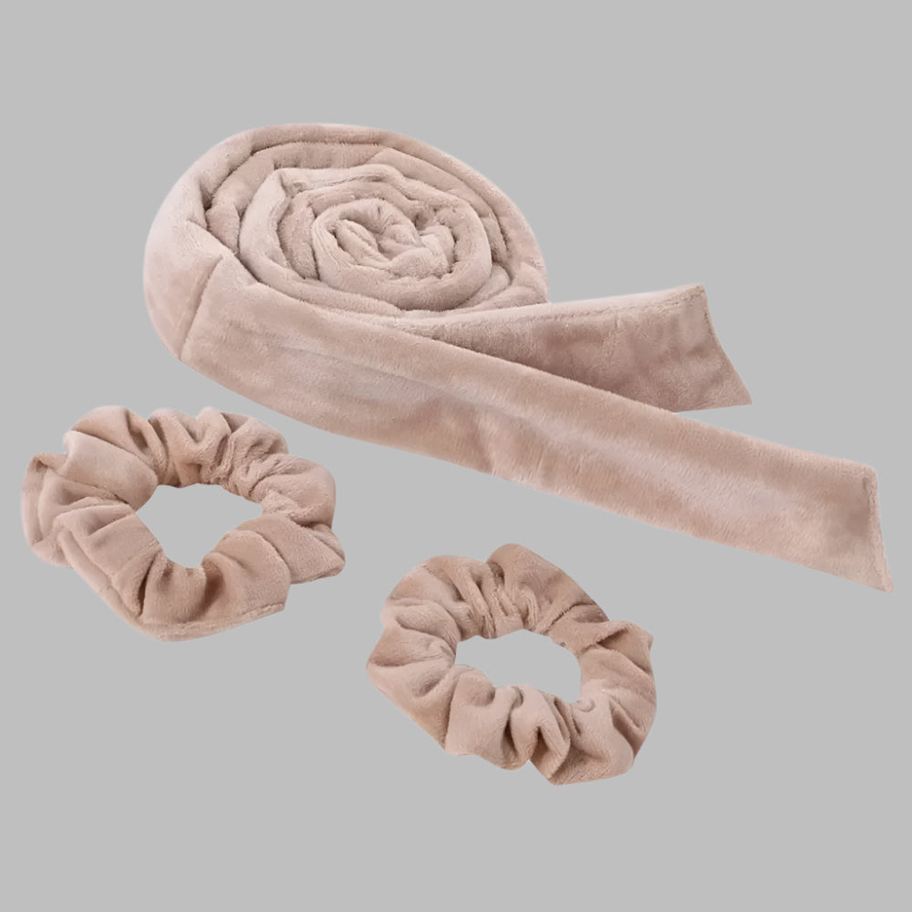 Bandeau pour boucles sans chaleur en velours beige avec deux chouchous– Outil de coiffure pour cheveux doux et boucles naturelles