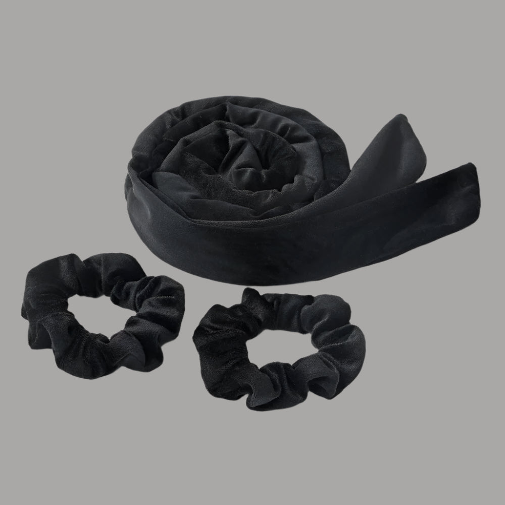 Bandeau pour boucles sans chaleur en velours noir avec deux chouchous– Outil de coiffure pour cheveux doux et boucles naturelles