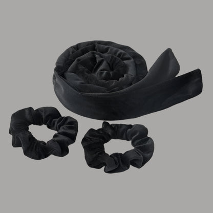 Bandeau pour boucles sans chaleur en velours noir avec deux chouchous– Outil de coiffure pour cheveux doux et boucles naturelles