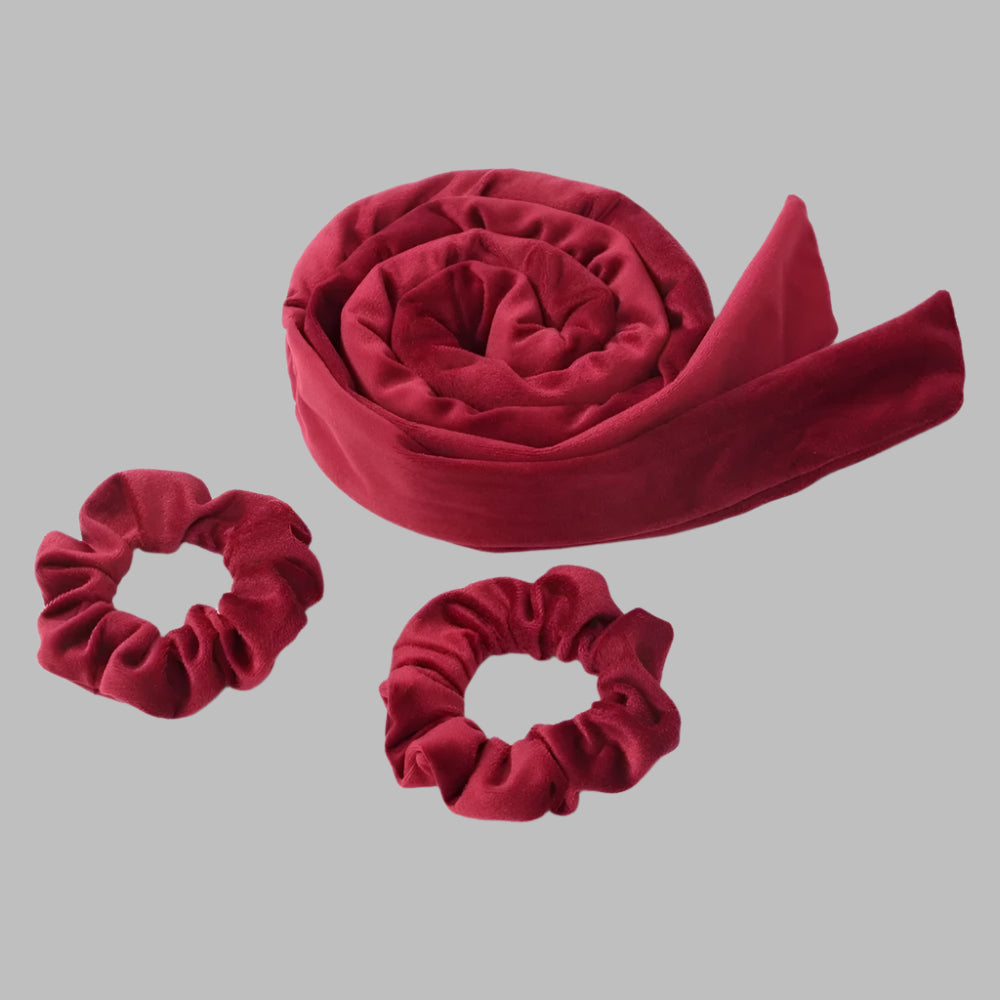 Bandeau pour boucles sans chaleur en velours rouge avec deux chouchous– Outil de coiffure pour cheveux doux et boucles naturelles
