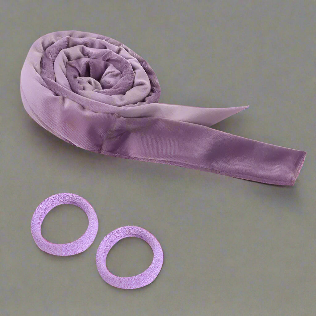 Bandeau pour boucles sans chaleur en velours violet avec deux élastiques– Outil de coiffure pour cheveux doux et boucles naturelles