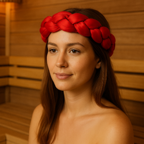 Femme portant un bandeau tressé en satin rouge, élégant et confortable, qui se repose dans un sauna. 