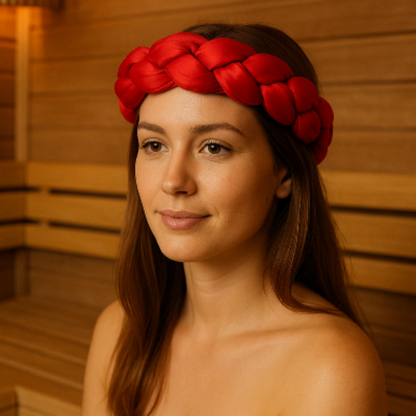Femme portant un bandeau tressé en satin rouge, élégant et confortable, qui se repose dans un sauna. 