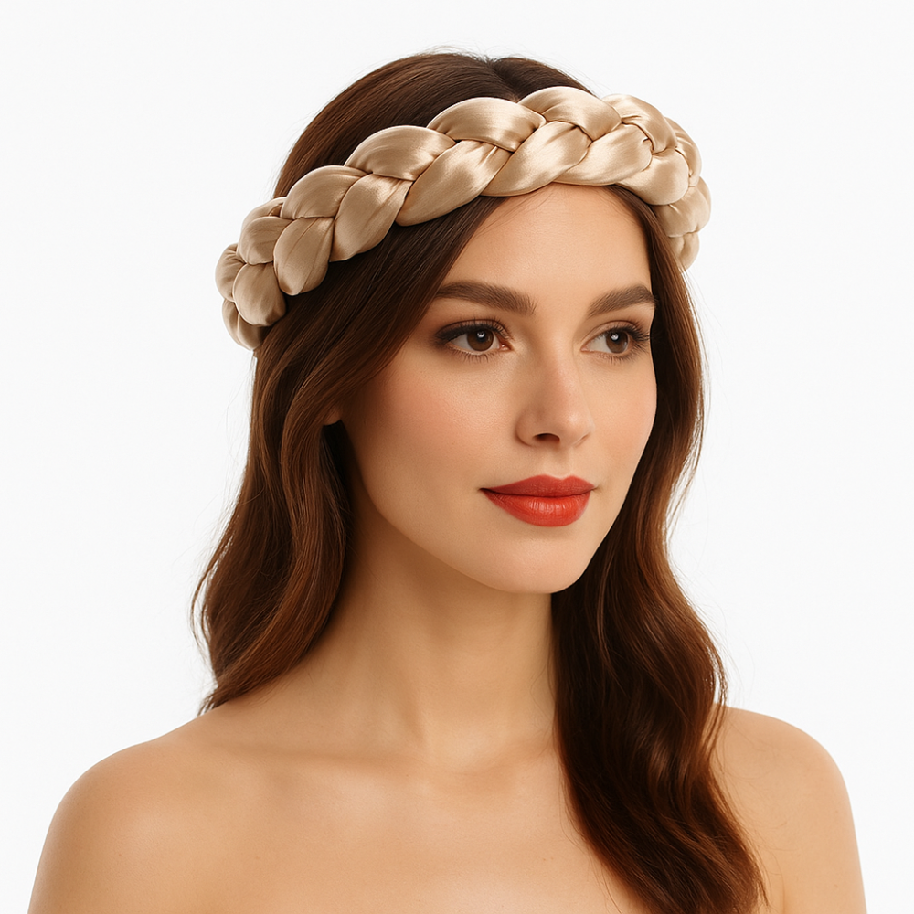 Femme portant un bandeau tressé en satin beige, élégant et confortable, parfait pour le sauna ou les soins du visage.