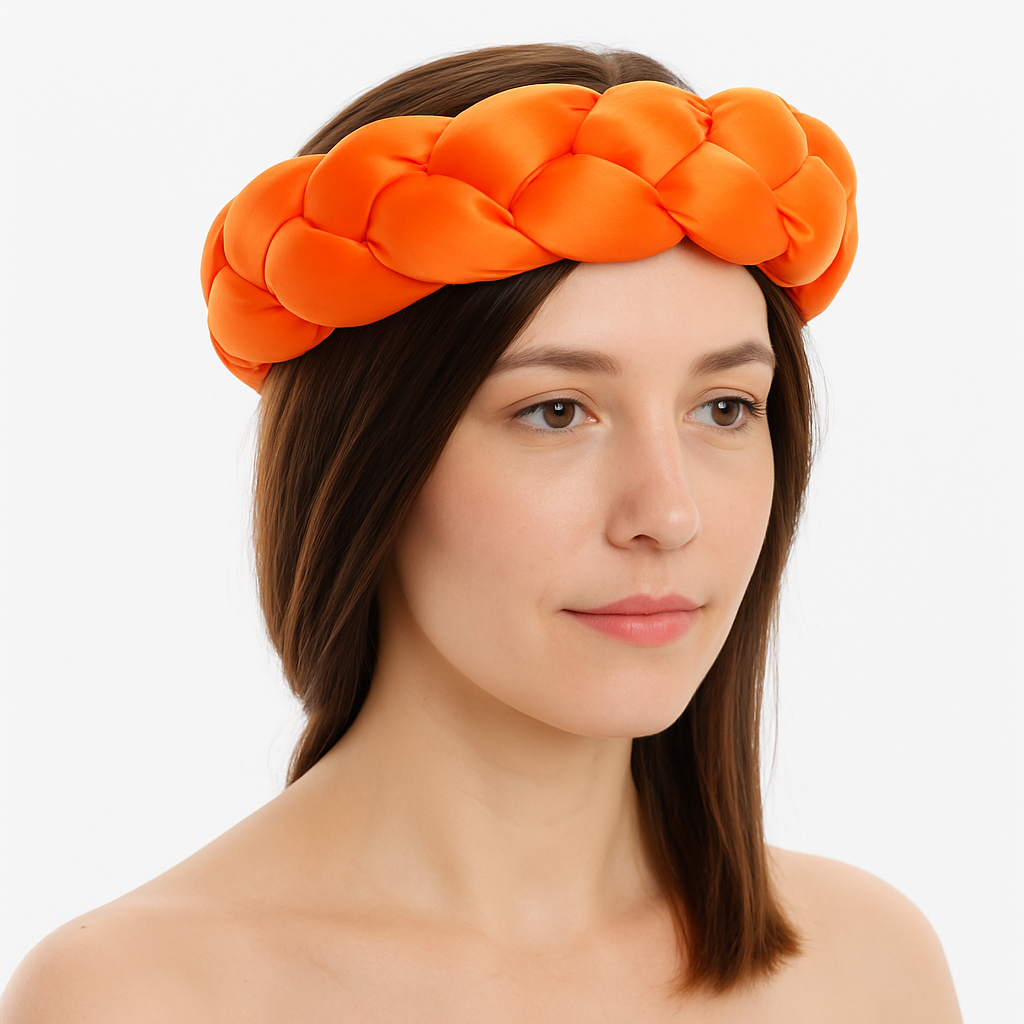 Femme portant un bandeau tressé en satin orange, élégant et confortable, parfait pour le sauna ou les soins du visage.
