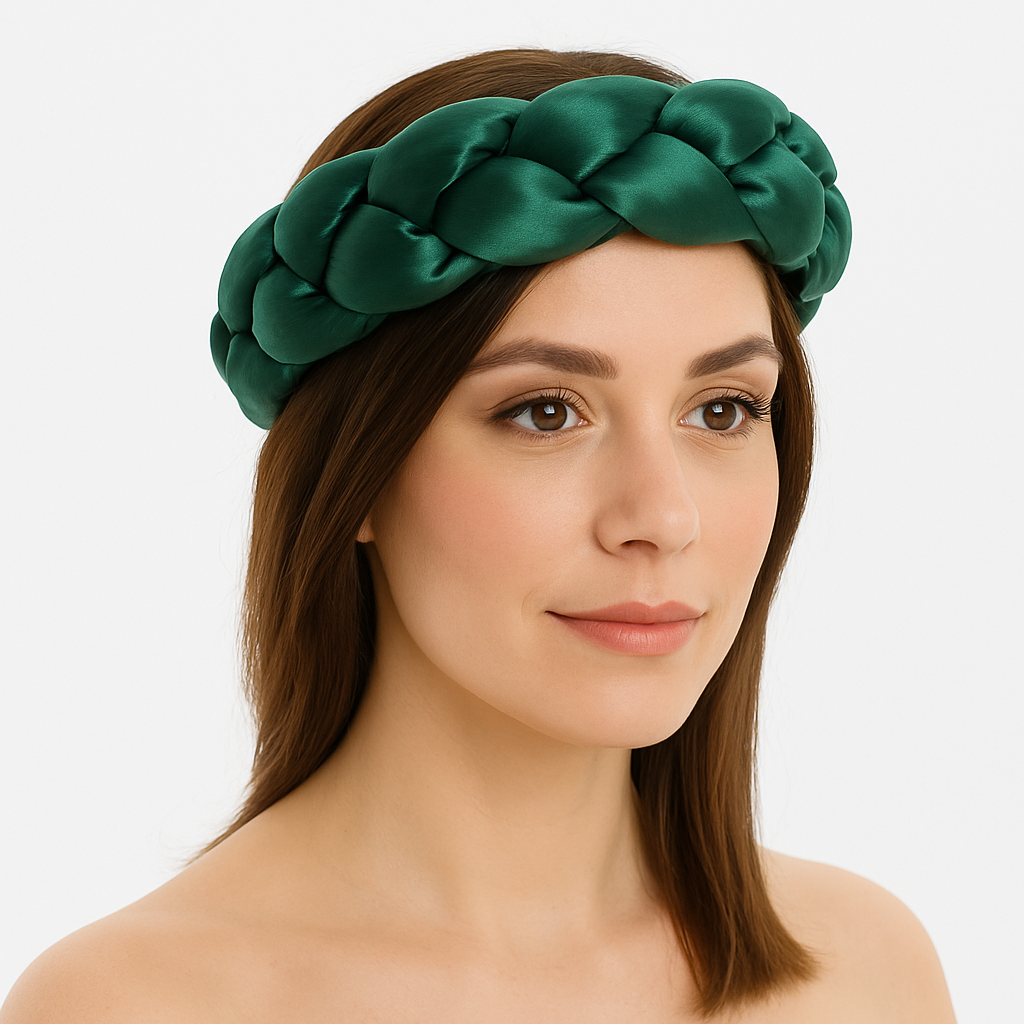 Femme portant un bandeau tressé en satin vert, élégant et confortable, parfait pour le sauna ou les soins du visage.