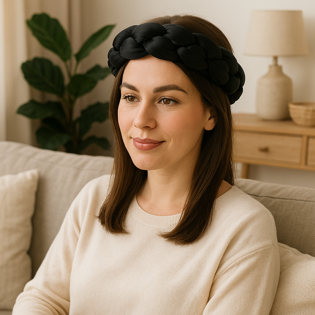 Femme portant un bandeau tressé en satin noir, élégant et confortable, assise dans un salon cosy.