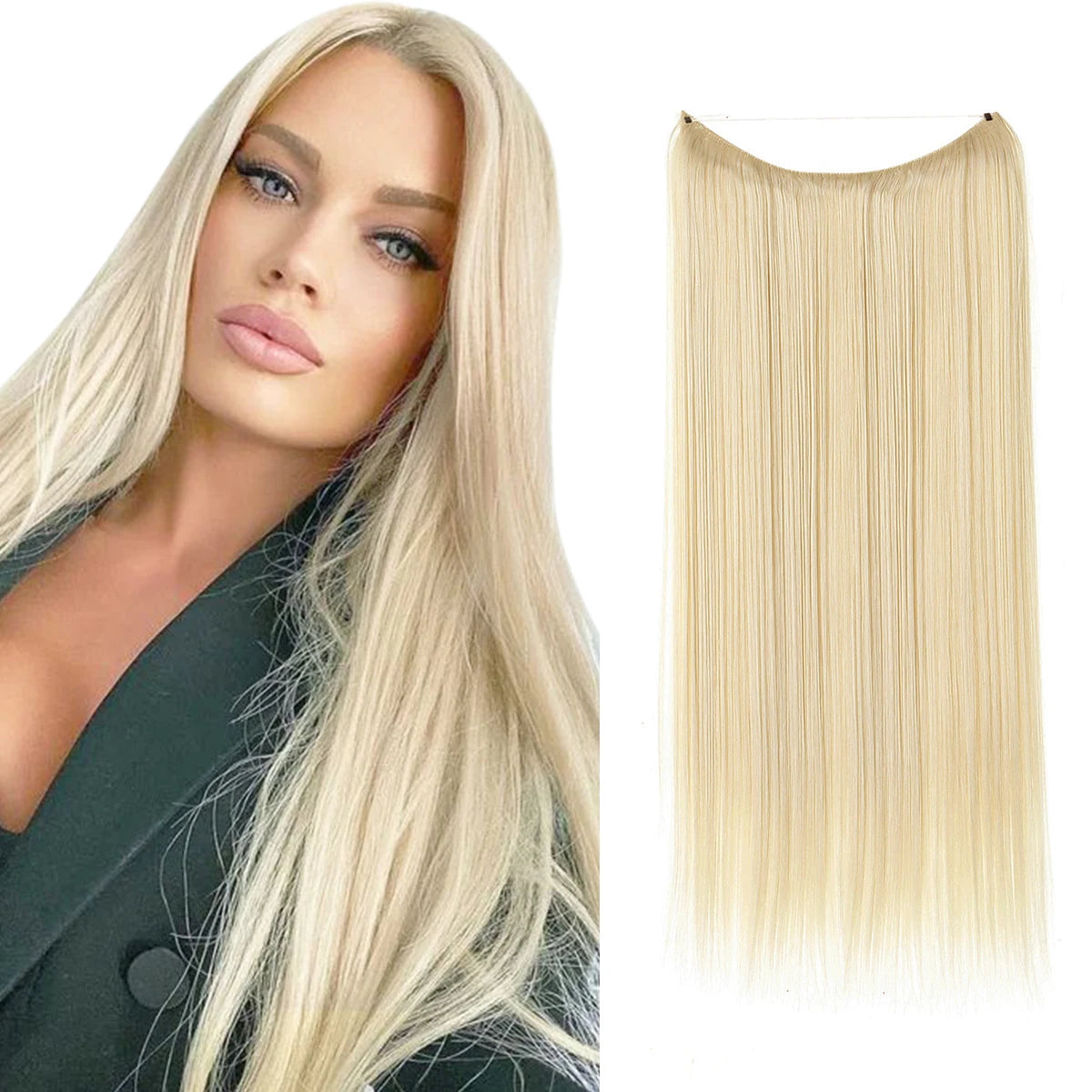 Belle femme avec Extensions cheveux - Effet naturel - Long - Raide - Lisse - Brillance - Volume - Coiffure - Look élégant - Cheveux soyeux - Facile à poser - Haute qualité- blond platine