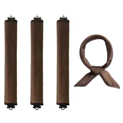 Lot de trois bigoudis marron  sans chaleur avec son élastique de rangement,  pour des boucles naturelles et volumineuses, idéal pour tous types de cheveux. Ces bigoudis innovants offrent une coiffure sans abîmer les cheveux, en utilisant uniquement la méthode de fixation douce. Parfaits pour créer des boucles durables et stylées sans chaleur, adaptés aux cheveux longs.