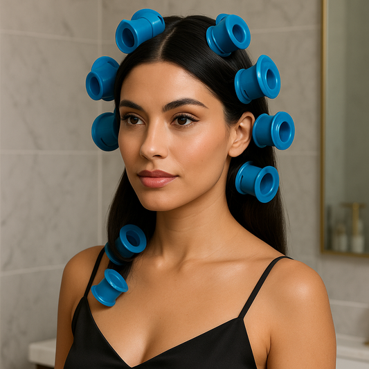 Femme aux cheveux lisses avec des bigoudis en silicone bleus sans chaleur dans salle de bain avec miroir. 