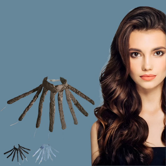 Bandeau boucleur sans chaleur - Bigoudis doux pour cheveux-naturels et soyeux-femme chatain aux cheveux bouclés avec bigoudis pieuvre. 