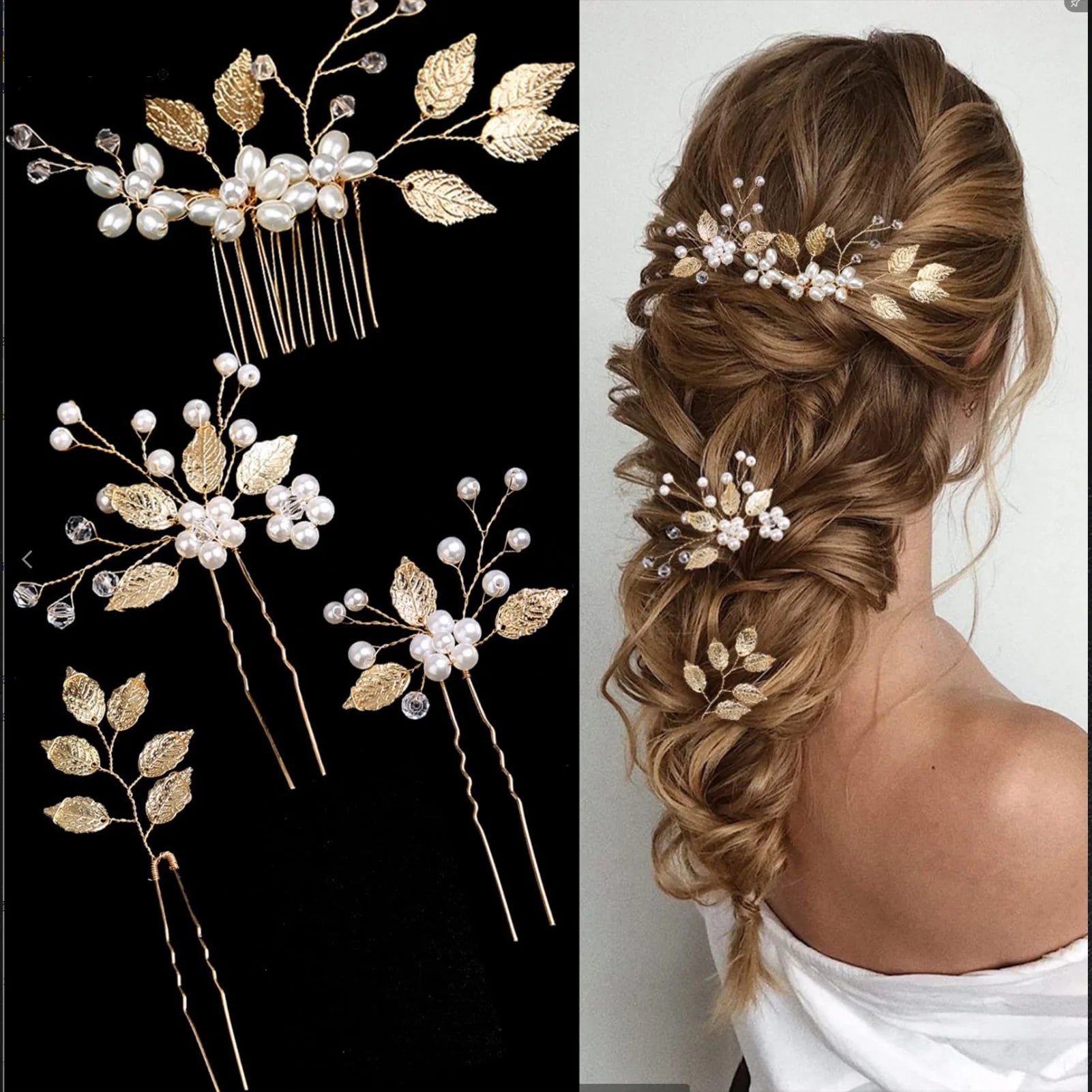 Femme avec coiffure mariage, portant un accessoire cheveux élégant pour mariée - perles et détails dorés. 