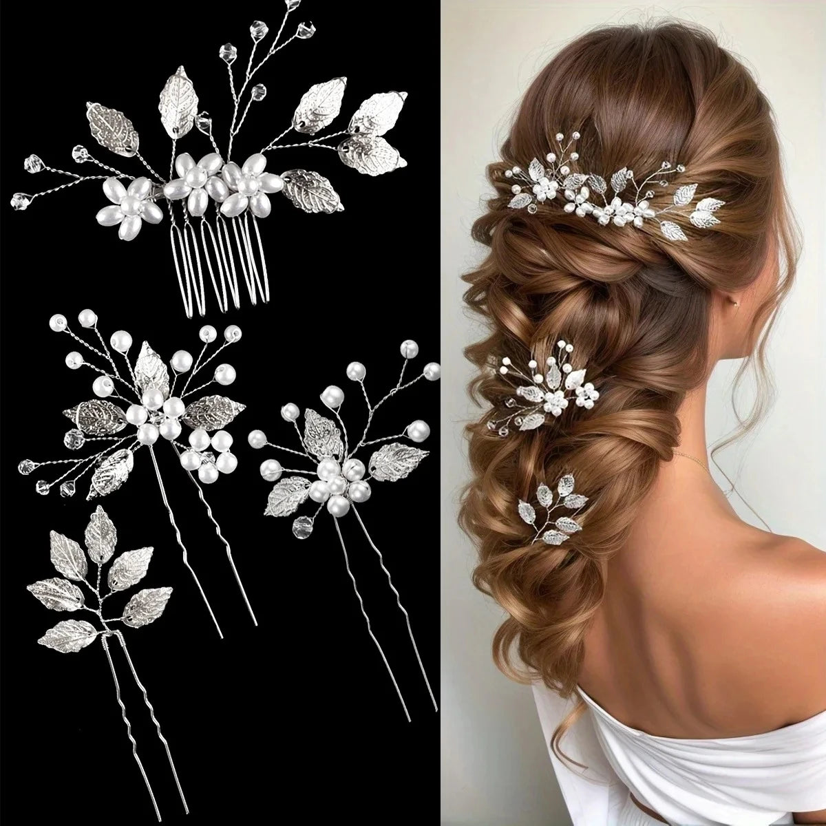lot de bijoux pour cheveux de mariée - perles fines et finition argent - Bijou cheveux mariage - perles délicates et accents argentée. 