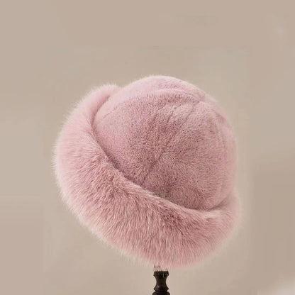 Bonnet rose clair en fourrure pour femme, élégant et chaud pour l'hiver