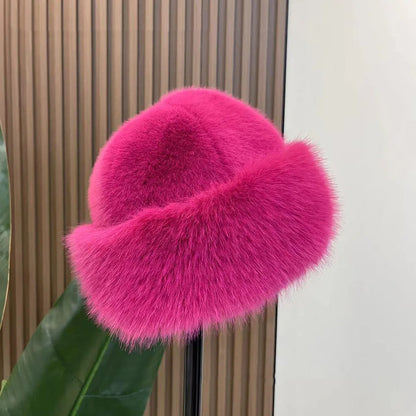 Bonnet fuschia en fourrure pour femme, élégant et chaud pour l'hiver