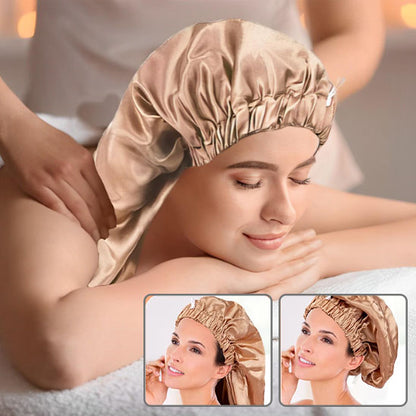 Bonnet en satin doux beige pour cheveux longs , idéal pour protéger les cheveux et éviter les frictions pendant la nuit.