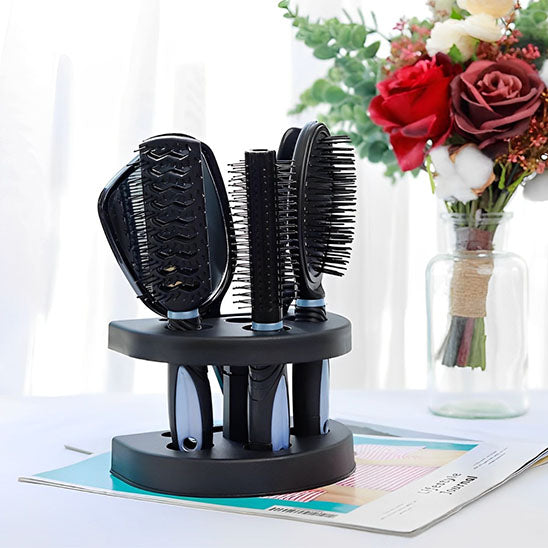Support brosse à cheveux - Lot de brosses avec support - brosses avec leur rangement - Trois brosses, un peigne et un miroir avec son support - lot de brosses a cheveux avec rangement - Noir et bleu