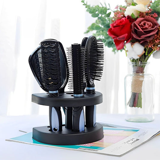 Support brosse à cheveux - Lot de brosses avec support - brosses avec leur rangement - Trois brosses, un peigne et un miroir avec son support - lot de brosses a cheveux avec rangement - Noir et bleu