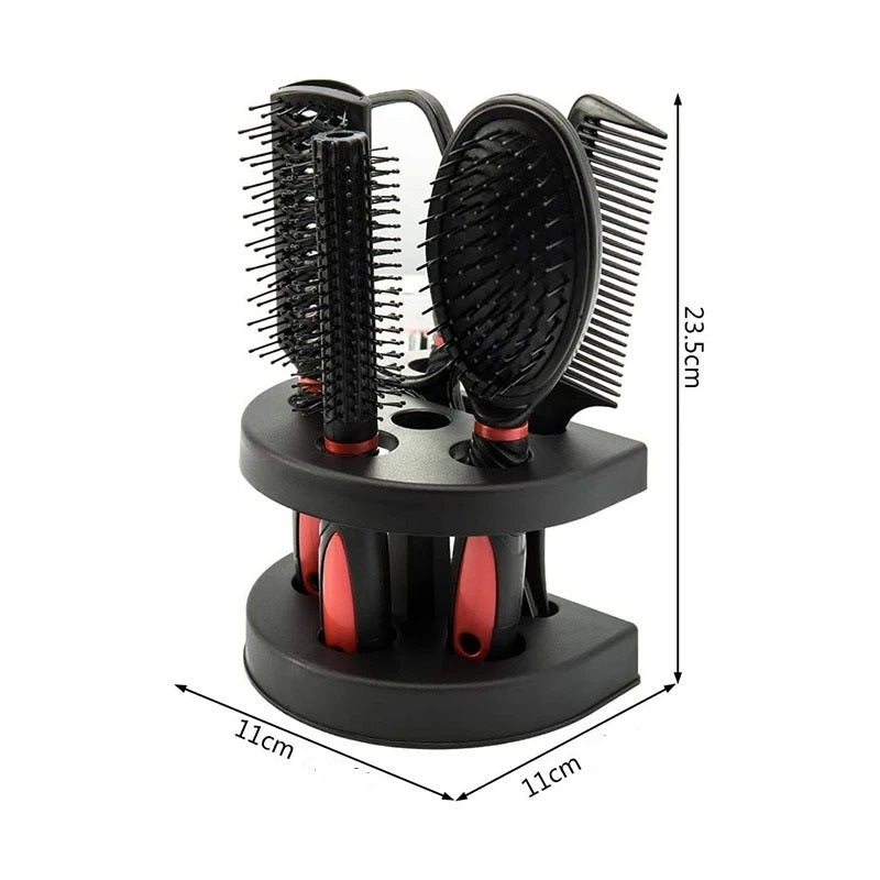Support brosse à cheveux - Lot de brosses avec support - brosses avec leur rangement - Trois brosses, un peigne et un miroir avec son support - lot de brosses a cheveux avec rangement